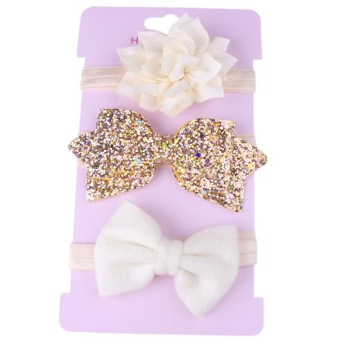 SYGA 3 Pcs Baby Headband, Flower & Bow Stretchable, Nylon HairBand for Newborn Infant Toddlers Kids 0-3 Year-Golden - Image 1