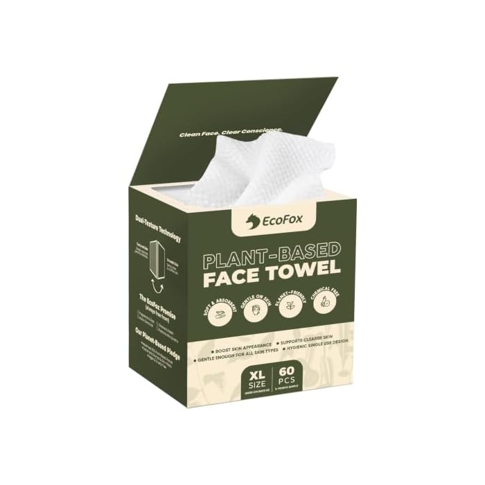 EcoFox Clean Face Towels XL | Disposable Facial Washcloths, Ultra-Absorbent, Hypoallergenic & Soft Towelettes | Dual-Textured, Lint-Free Makeup Remover Dry Wipes, 10x12 Inch | PETA-Approved (60 Pack)