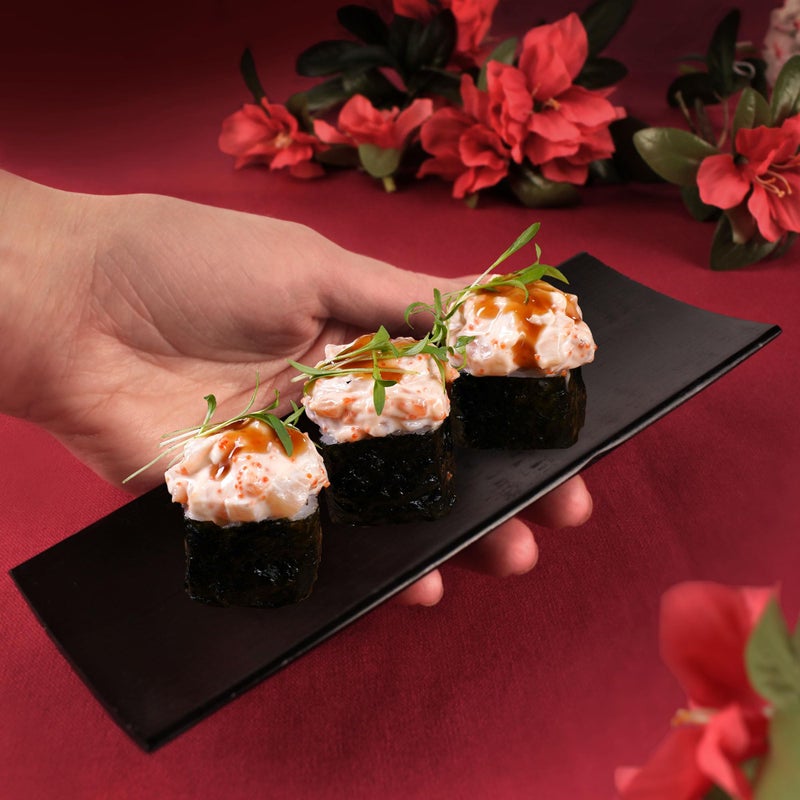 BambooMN Reusable Bamboo Black Rectangle Sushi Serving Tray Plate 7" x 2.8" - 10 Pieces - Image 5
