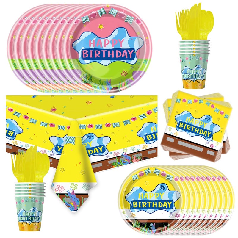 JU XIN 81pcs Yellow Cartoon Party Supplies Tableware Plates Napkins Cups Fork and TableclothYellow Theme Birthday Party Decoration - Image 2