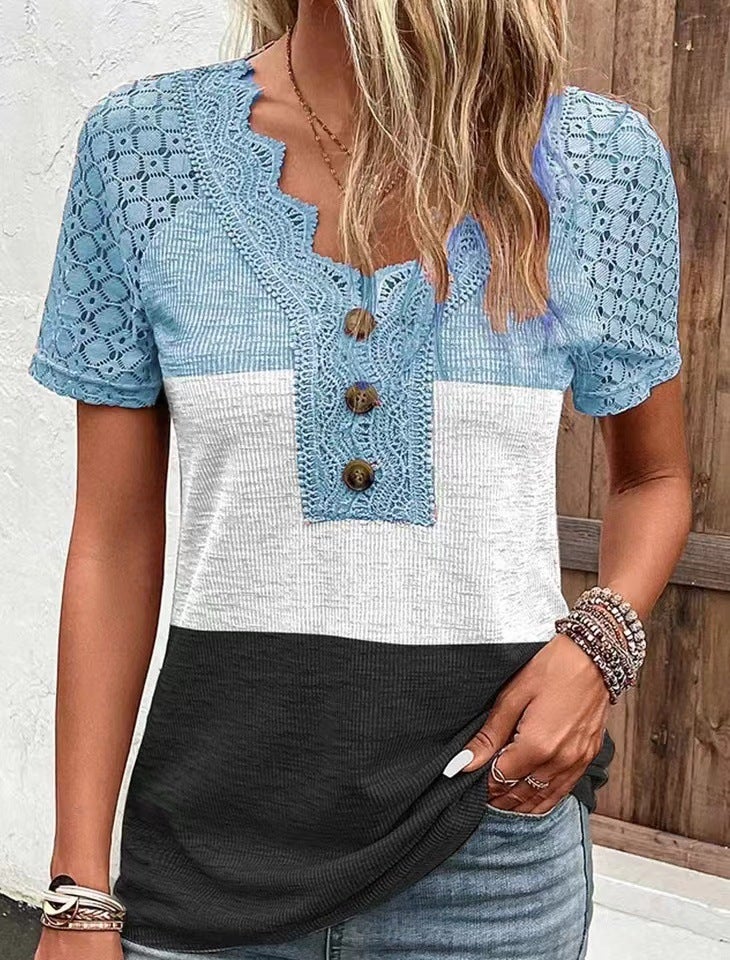spring new comfortable casual lace stitching V-neck top short sleeve t-shirt