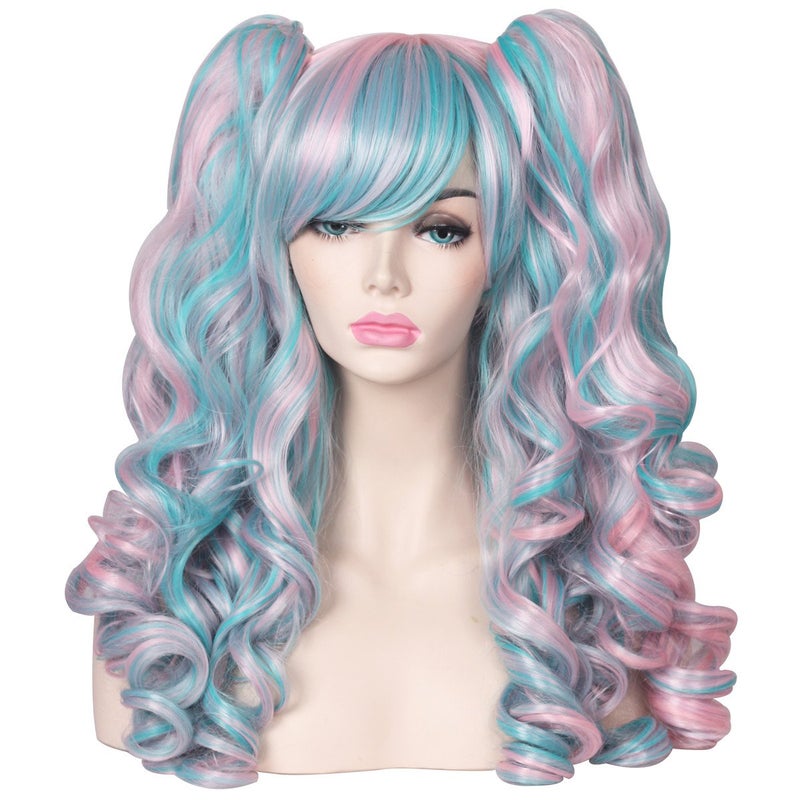 ColorGround Long Curly Cosplay Wig with 2 PonytailsPinkBlue