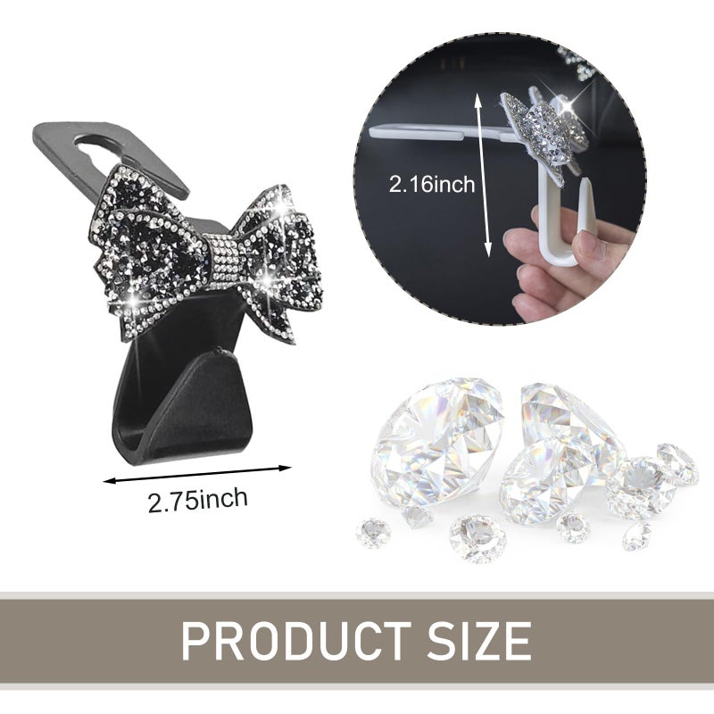 Qurbuns 2 PCS Bling Car Seat Headrest Hooks, S Type Crystal Rhinestone Bow Vehicle Seat Back Storage Hooks for Purses Bags Groceries, Universal Diamond Car Rear Seat Organizer (Black) - Image 2