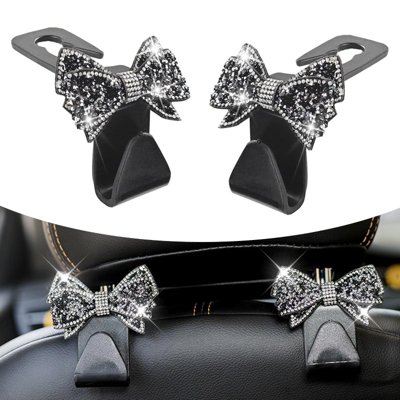 Qurbuns 2 PCS Bling Car Seat Headrest Hooks, S Type Crystal Rhinestone Bow Vehicle Seat Back Storage Hooks for Purses Bags Groceries, Universal Diamond Car Rear Seat Organizer (Black) - Image 1