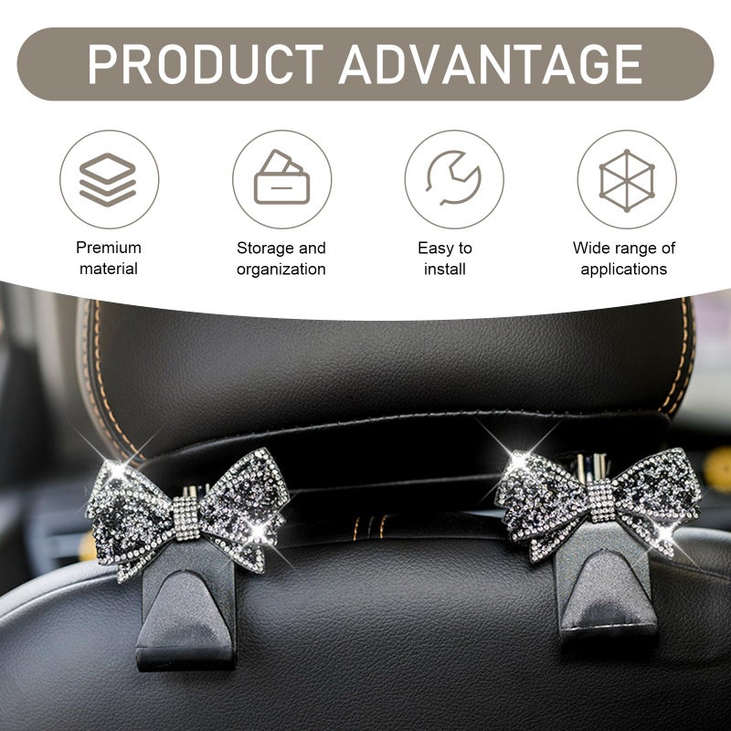 Qurbuns 2 PCS Bling Car Seat Headrest Hooks, S Type Crystal Rhinestone Bow Vehicle Seat Back Storage Hooks for Purses Bags Groceries, Universal Diamond Car Rear Seat Organizer (Black) - Image 3