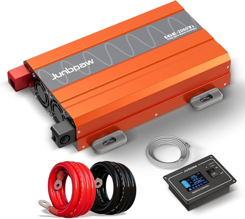 Junbpaw 2080W Pure Sine Wave Inverter, 12V DC to 230V/240V AC, 6000W Peak, 5V/2.1A USB, Quiet Fan, Capacitor, Off-Grid Solar Power for RV, Camping, Emergency, Truck (LGE-2080Ti-EU) - Image 1
