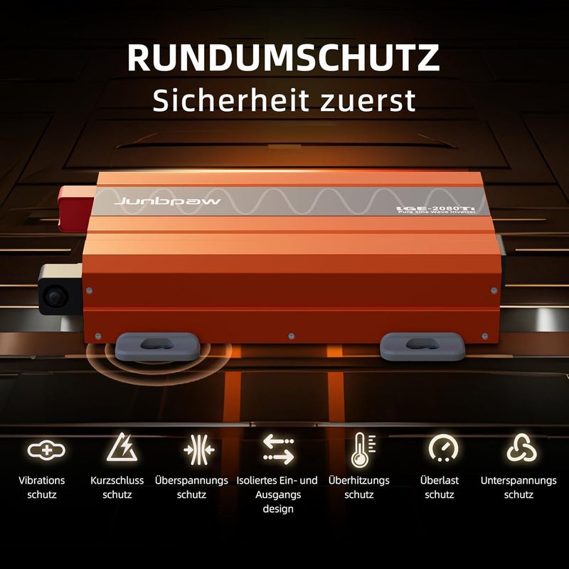 Junbpaw 2080W Pure Sine Wave Inverter, 12V DC to 230V/240V AC, 6000W Peak, 5V/2.1A USB, Quiet Fan, Capacitor, Off-Grid Solar Power for RV, Camping, Emergency, Truck (LGE-2080Ti-EU) - Image 4