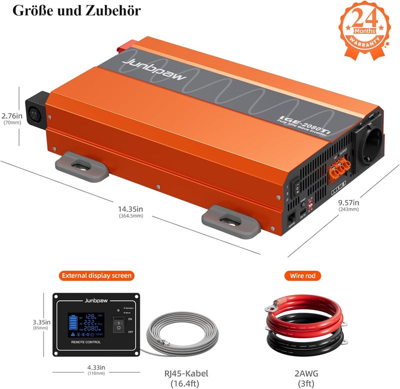 Junbpaw 2080W Pure Sine Wave Inverter, 12V DC to 230V/240V AC, 6000W Peak, 5V/2.1A USB, Quiet Fan, Capacitor, Off-Grid Solar Power for RV, Camping, Emergency, Truck (LGE-2080Ti-EU) - Image 2