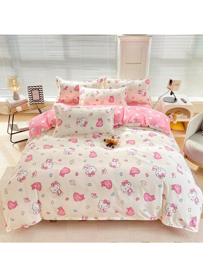 عام طقم أغطية لحاف كرتوني وردي اللون وردي اللون للقطط للأطفال طقم فراش 4 قطع (1 غطاء لحاف، 1 شرشف، 2 غطاء وسادة)، بدون غطاء داخلي - Image 1