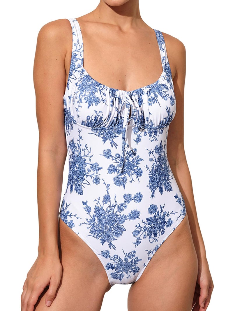 BERLOOK Womens One Piece Swimsuits Floral Push Up Bathing Suit Sexy Tie Slimming Swimsuits for Women Swimwear Blue - Image 1