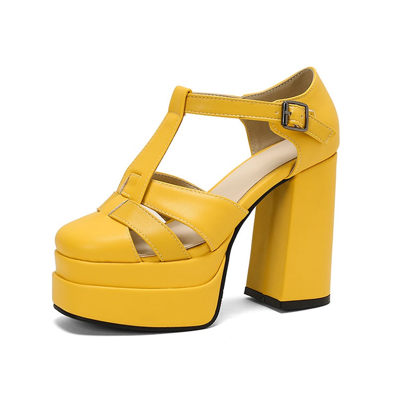 2024 Summer Punk Style Thick Bottom T-Shaped Buckle Strap 40-50 Plus Size High Heeled Side Empty Sandals For Women - Image 1
