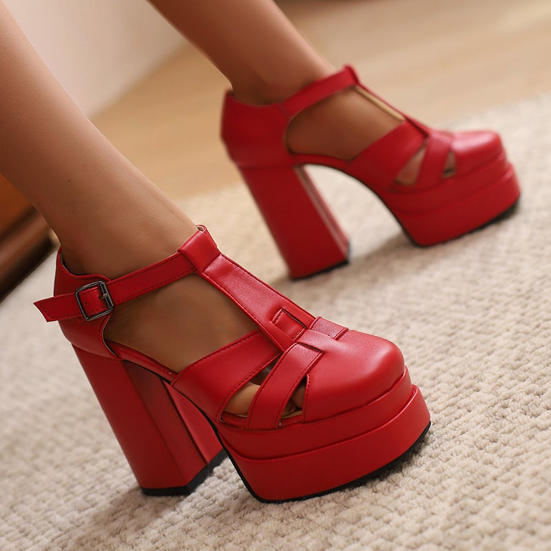 2024 Summer Punk Style Thick Bottom T-Shaped Buckle Strap 40-50 Plus Size High Heeled Side Empty Sandals For Women - Image 5