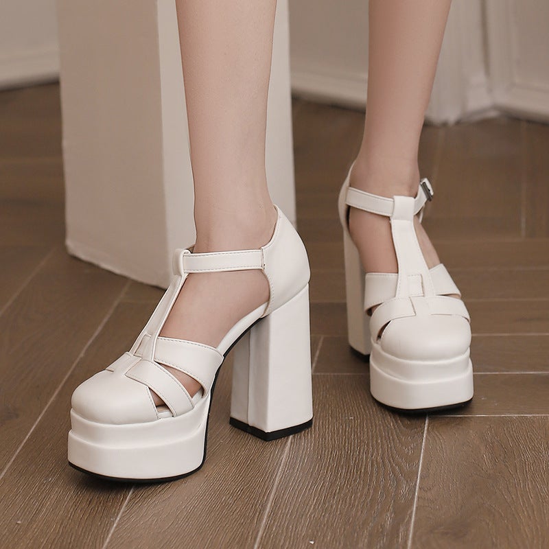 2024 Summer Punk Style Thick Bottom T-Shaped Buckle Strap 40-50 Plus Size High Heeled Side Empty Sandals For Women - Image 3
