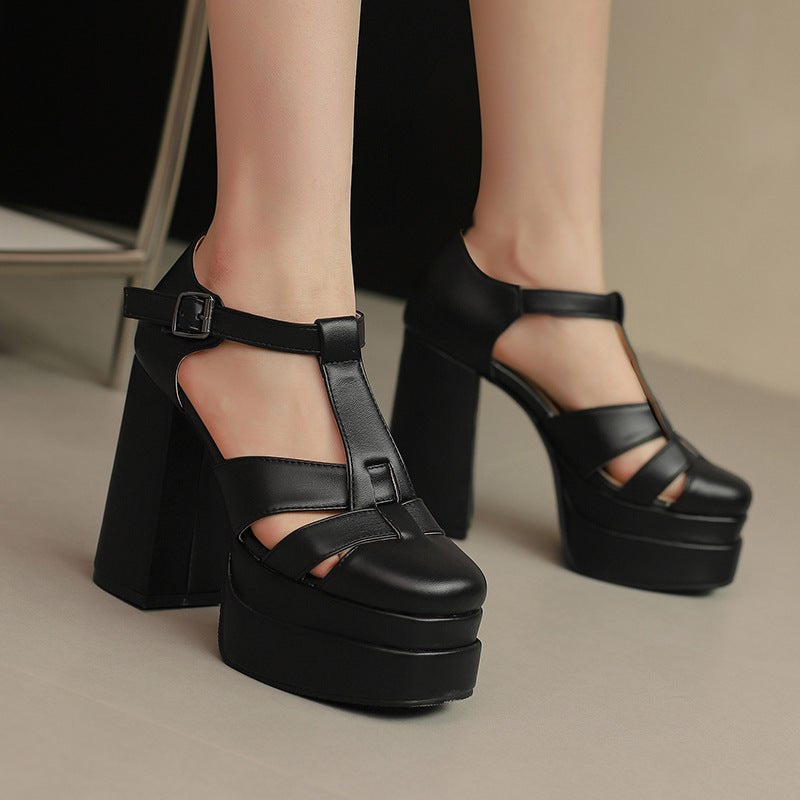 2024 Summer Punk Style Thick Bottom T-Shaped Buckle Strap 40-50 Plus Size High Heeled Side Empty Sandals For Women - Image 4