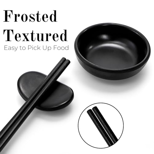 ELFULLY 16 Pcs Sushi Plate Set, Melamine Sushi Serving Dishes, Japanese Dinnerware Sets with 4 Sushi Trays, 4 Soy Sauce Bowls 4 Pairs of Chopsticks and Holders, Wedding Housewarming Gift, Black - Image 5
