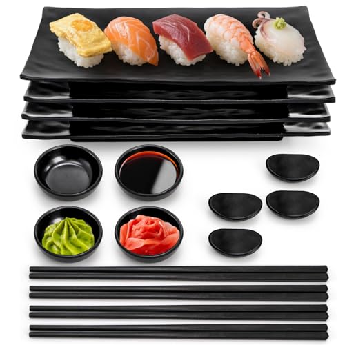 ELFULLY 16 Pcs Sushi Plate Set, Melamine Sushi Serving Dishes, Japanese Dinnerware Sets with 4 Sushi Trays, 4 Soy Sauce Bowls 4 Pairs of Chopsticks and Holders, Wedding Housewarming Gift, Black - Image 1