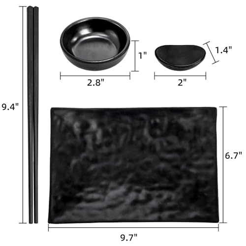 ELFULLY 16 Pcs Sushi Plate Set, Melamine Sushi Serving Dishes, Japanese Dinnerware Sets with 4 Sushi Trays, 4 Soy Sauce Bowls 4 Pairs of Chopsticks and Holders, Wedding Housewarming Gift, Black - Image 2