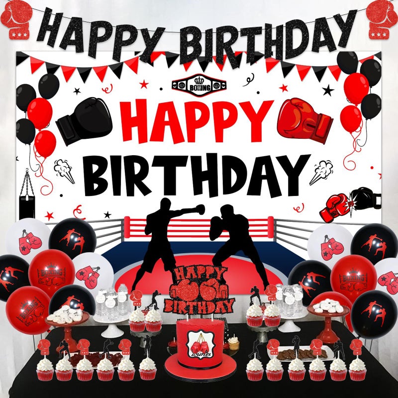 Cheereveal Cheereveal Boxing Birthday Decorations Fight Sports Wrestling Boxer Theme Party Supplies for boys 1 2 3 4 5 Year Old, Black-Red Balloons Backdrop Glitter Cake Toppers - Image 2