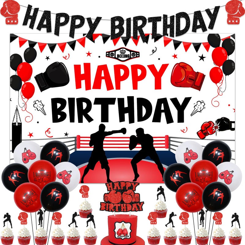 Cheereveal Cheereveal Boxing Birthday Decorations Fight Sports Wrestling Boxer Theme Party Supplies for boys 1 2 3 4 5 Year Old, Black-Red Balloons Backdrop Glitter Cake Toppers - Image 1