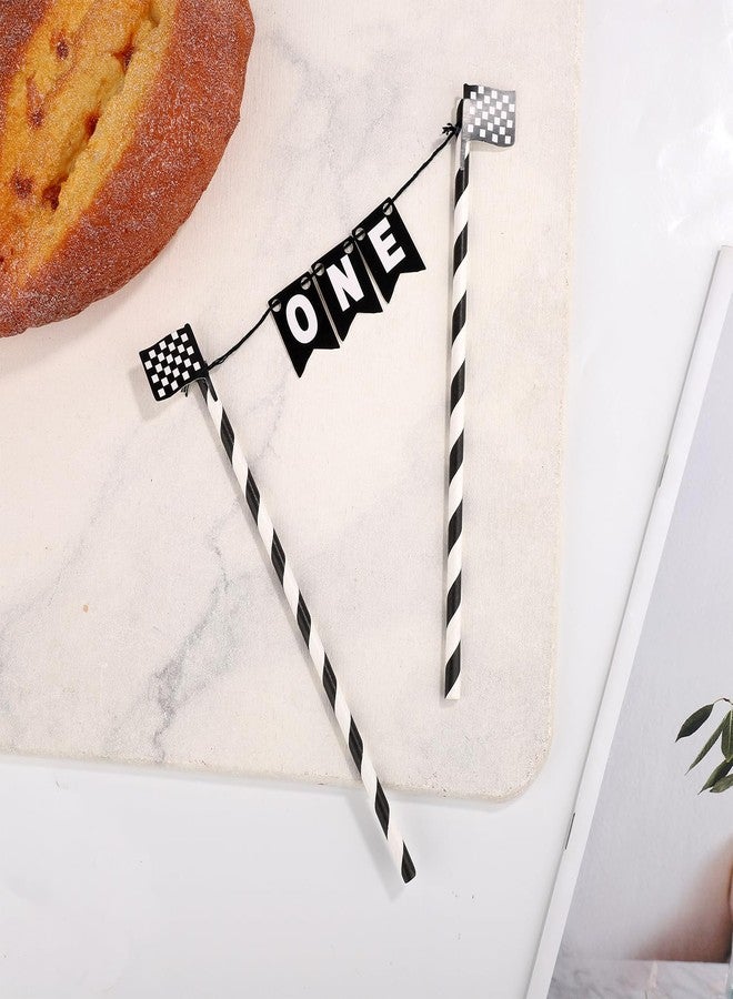 PEUTIER Race Car Cake Topper, Black and White Checkered Race Flag Cake Topper Banner Fast One Birthday Party Decorations for Boys Girls Racing Car Theme Party Supplies - Image 3