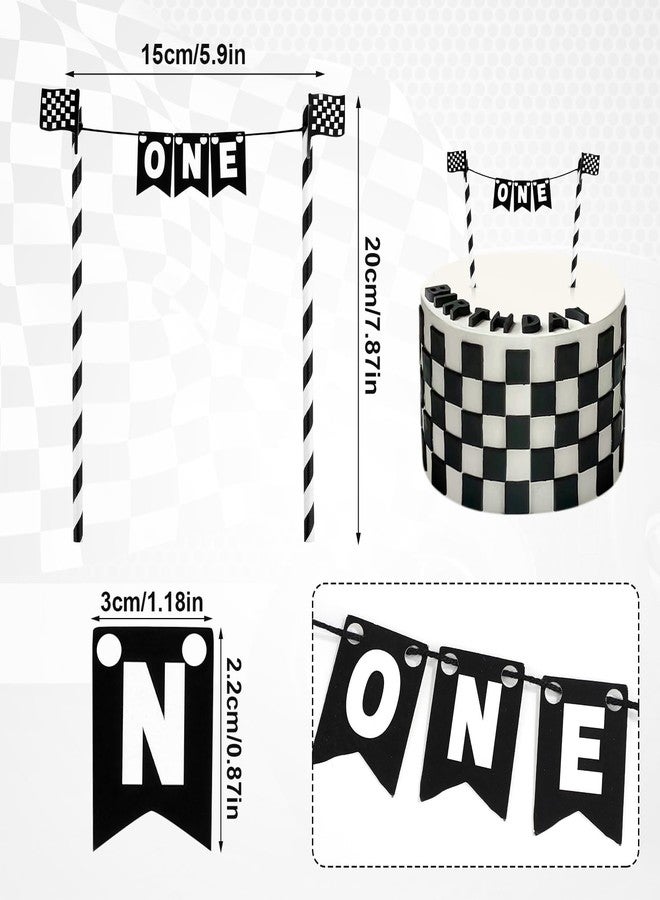 PEUTIER Race Car Cake Topper, Black and White Checkered Race Flag Cake Topper Banner Fast One Birthday Party Decorations for Boys Girls Racing Car Theme Party Supplies - Image 2