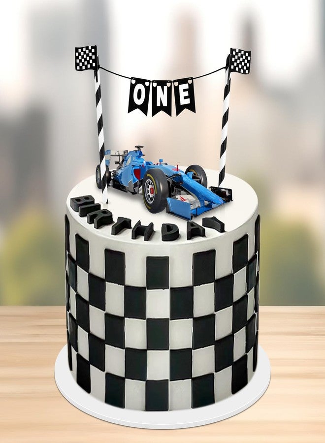 PEUTIER Race Car Cake Topper, Black and White Checkered Race Flag Cake Topper Banner Fast One Birthday Party Decorations for Boys Girls Racing Car Theme Party Supplies - Image 4