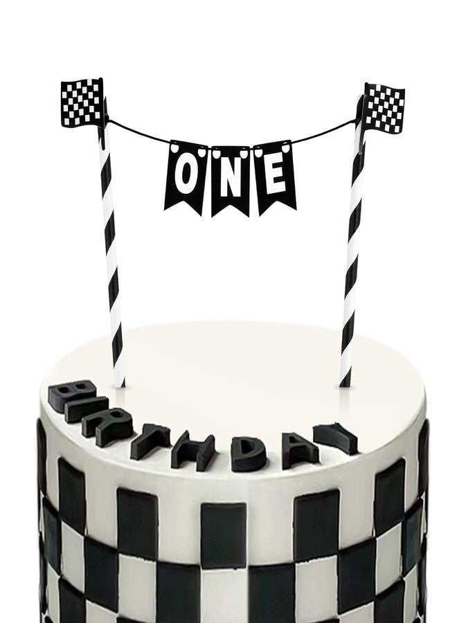 PEUTIER Race Car Cake Topper, Black and White Checkered Race Flag Cake Topper Banner Fast One Birthday Party Decorations for Boys Girls Racing Car Theme Party Supplies - Image 1