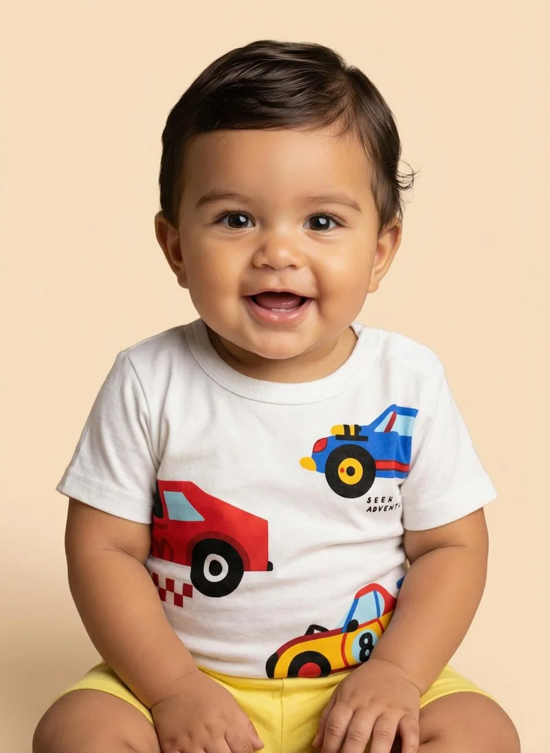 نوتيناتي Nautinati Baby Boys Racing Car Printed Regular Fit Round Neck T-shirt and Shorts Clothing Set