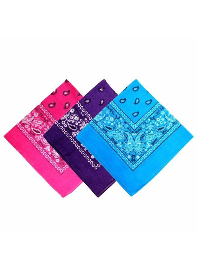 Novelty Bandanas Paisley Cotton Bandanas Single Pack (3 PACK Hot Pink+Dark Purple+Turquoise)