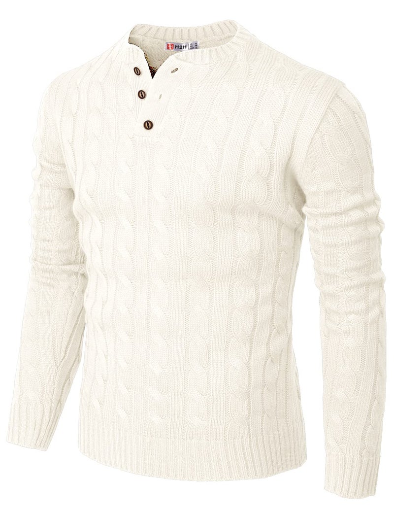 H2H Mens Casual Slim Fit Pullover Sweaters Knitted Henley Long Sleeve Thermal White US L/Asia XL (CMOSWL042) - Image 1