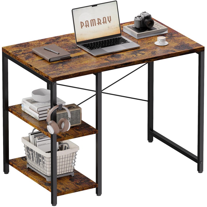 Pamray 32 Inch Small Computer Desk with Shelves, Home Office Desk with Headphone Hook for Bedroom, Study Writing PC Table for Small Spaces, Vintage - Image 1