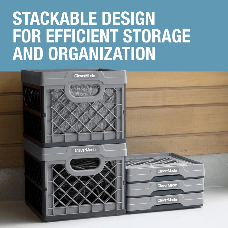 CleverMade Collapsible Milk Crate 25L (6.6 Gal) 3 Pack, 50 lb Capacity Heavy Duty Folding Crate â€“ Stackable Storage Crates with File Rails, Plastic Collapsible Crates - Stone - Image 5
