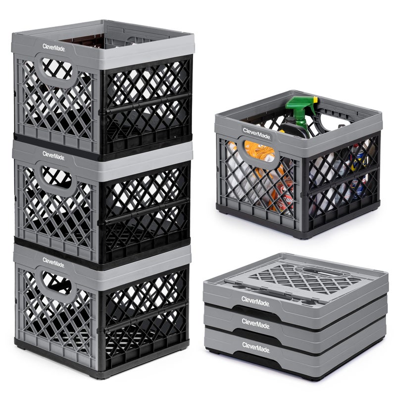 CleverMade Collapsible Milk Crate 25L (6.6 Gal) 3 Pack, 50 lb Capacity Heavy Duty Folding Crate â€“ Stackable Storage Crates with File Rails, Plastic Collapsible Crates - Stone - Image 1