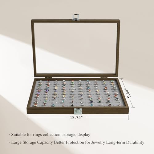 Stratalife 100 Slot Ring Organizer: Wood Jewelry Box for Multiple Rings, Vintage Ring Holder for Different Size Jewelry Storage Display Case, Women Gift, 13.78" x 9.45" x 1.96", Gray - Image 4