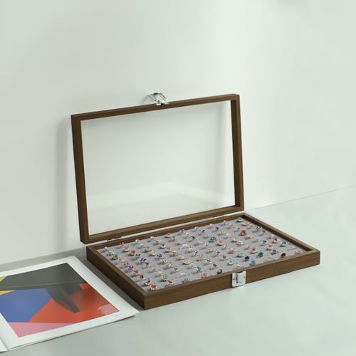 Stratalife 100 Slot Ring Organizer: Wood Jewelry Box for Multiple Rings, Vintage Ring Holder for Different Size Jewelry Storage Display Case, Women Gift, 13.78" x 9.45" x 1.96", Gray - Image 5