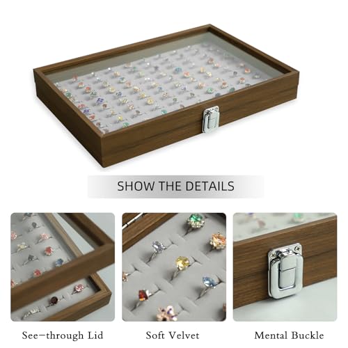 Stratalife 100 Slot Ring Organizer: Wood Jewelry Box for Multiple Rings, Vintage Ring Holder for Different Size Jewelry Storage Display Case, Women Gift, 13.78" x 9.45" x 1.96", Gray - Image 2