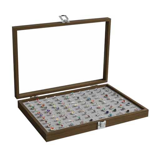 Stratalife 100 Slot Ring Organizer: Wood Jewelry Box for Multiple Rings, Vintage Ring Holder for Different Size Jewelry Storage Display Case, Women Gift, 13.78" x 9.45" x 1.96", Gray - Image 1