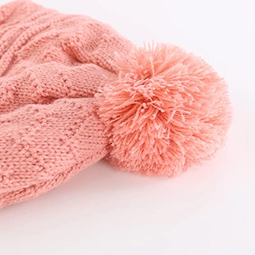 Connectyle Little Girls Knit Kids Hat with Pom Pom Cute Warm Beanie Hat with Earflaps Acrylic Winter Cap L Pink - Image 3