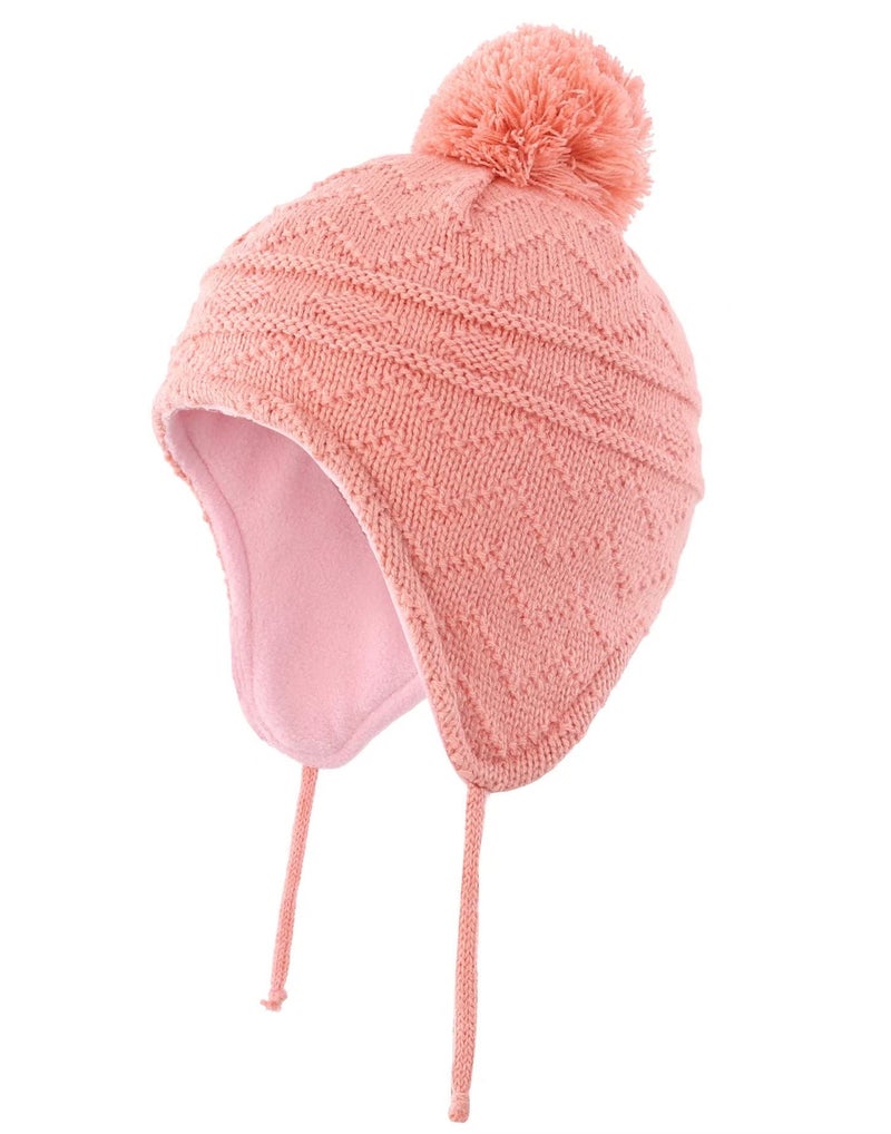 Connectyle Little Girls Knit Kids Hat with Pom Pom Cute Warm Beanie Hat with Earflaps Acrylic Winter Cap L Pink - Image 1