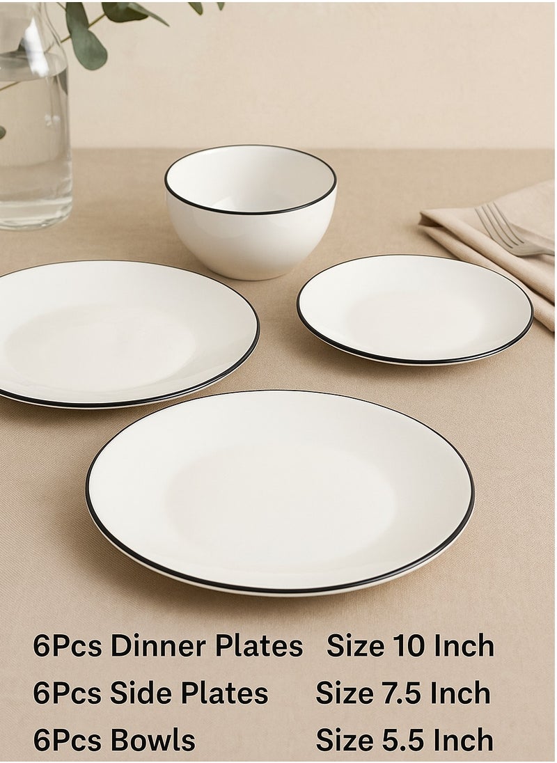 18-Piece Porcelain Dinner Set White/Black; 6Pcs Dinner Plates Size 10 Inch, 6Pcs Side Plates Size 7.5 Inch, 6Pcs Bowls Size 5.5 Inch