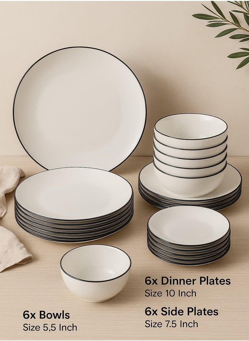 18-Piece Porcelain Dinner Set White/Black; 6Pcs Dinner Plates Size 10 Inch, 6Pcs Side Plates Size 7.5 Inch, 6Pcs Bowls Size 5.5 Inch