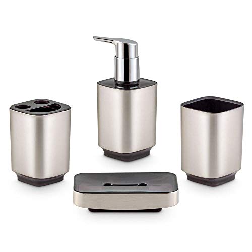 Freelance Windsor Polystyrene Bathroom Accessories Set of 4, Silver,Liquid Handwash Soap Dispenser, Brush/Toothbrush Holder, Tumbler, Dish - Plastic Bathroom Set for Wash Basin - Stronger than Ceramic - Image 1