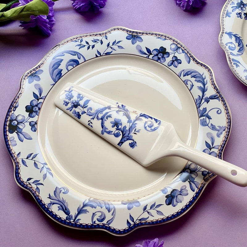 Vigneto Midnight Blue Snack Set 1 Serving Plate 6 Quarter Plates 1 Server Finest Premium Porcelain Luxury Floral Tableware - Image 2