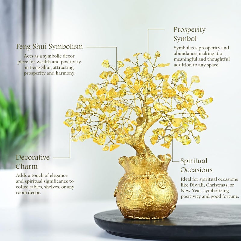 Crocon Lucky Feng Shui Citrine Tree – Crystal Tree of Life with Gold Base | Bonsai Money Tree for Prosperity, Positive Energy & Abundance | Healing Gemstone Home Decor & Rakhi Gift (7x3 Inch) - Image 2