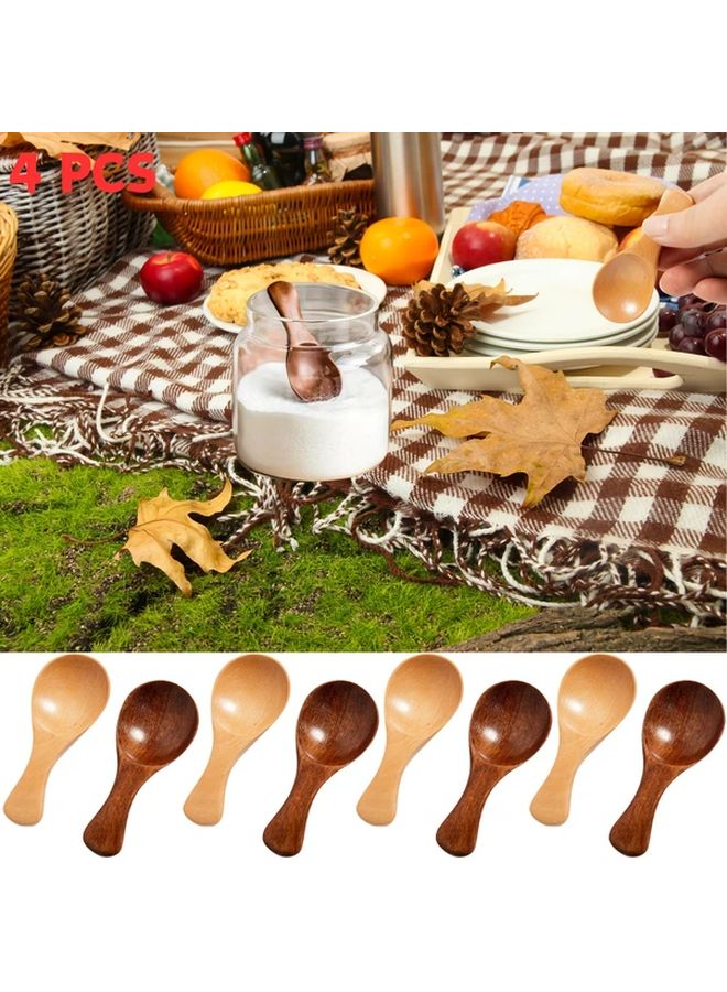 Brown Mini Wooden Spoons 4pcs Small Spice Sugar Coffee Tea Scoop Kitchen Gadgets - Image 1