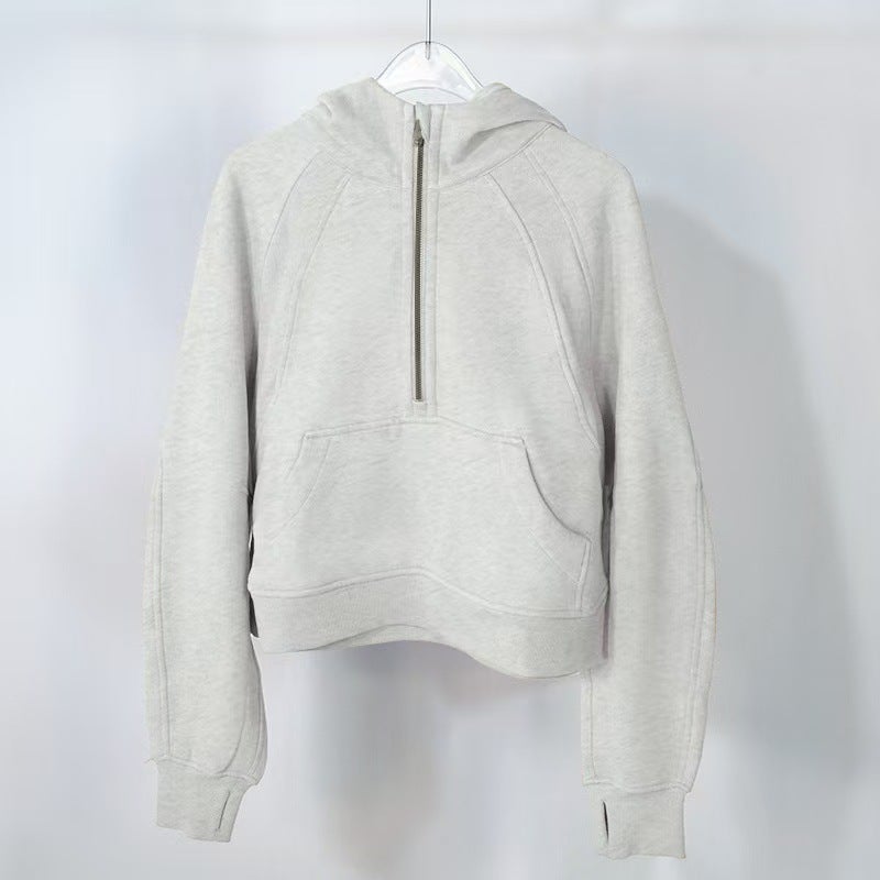 American Style Hooded Autumn and Winter Yoga Suit Half Zip terry Sweat Casual Loose Short fleece-lined Sweat Light gray 