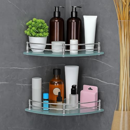 FORTUNE Glass Corner Shelf/Bathroom Shelf/Multipurpose Shelf/Living Room Corner Shelf/Wall Mount Bathroom Shelves (Frosted) (9 x 9 Inch) - (Pack of 2) - Image 1
