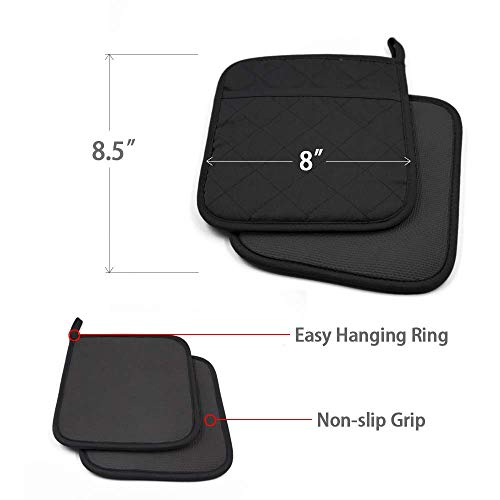 YEKOO Cotton and Neoprene Oven Pads Pot Holder with Pocket 8"x8.5" Dual-Function Hot Pad Set for Finger Hand Wrist Protection Heat Resistant to 428°F Black - Image 2
