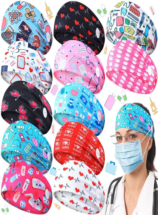 Jexine 12 Pcs Nurse Headbands for Women, Non Slip Nursing Headbands with Buttons for Mask Work Accessories Elastic Ear Protection Hair Bands Gift for Spa Yoga Sports(Stylish) - Image 1