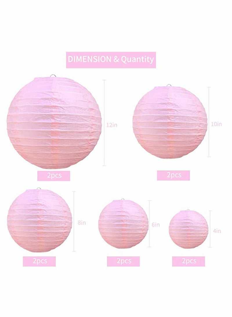 10Pcs Pink Paper Lanterns Decorative, Round Foldable Lanterns for Birthday, Wedding, Bridal Shower, Home Decor, Party (Sizes: 4”, 6”, 8”, 10”) - Image 1